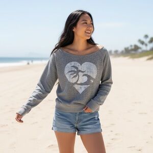 Honolulu Waikiki Gray Heart Wave Off the Shoulder Lightweight Sweatshirt Women